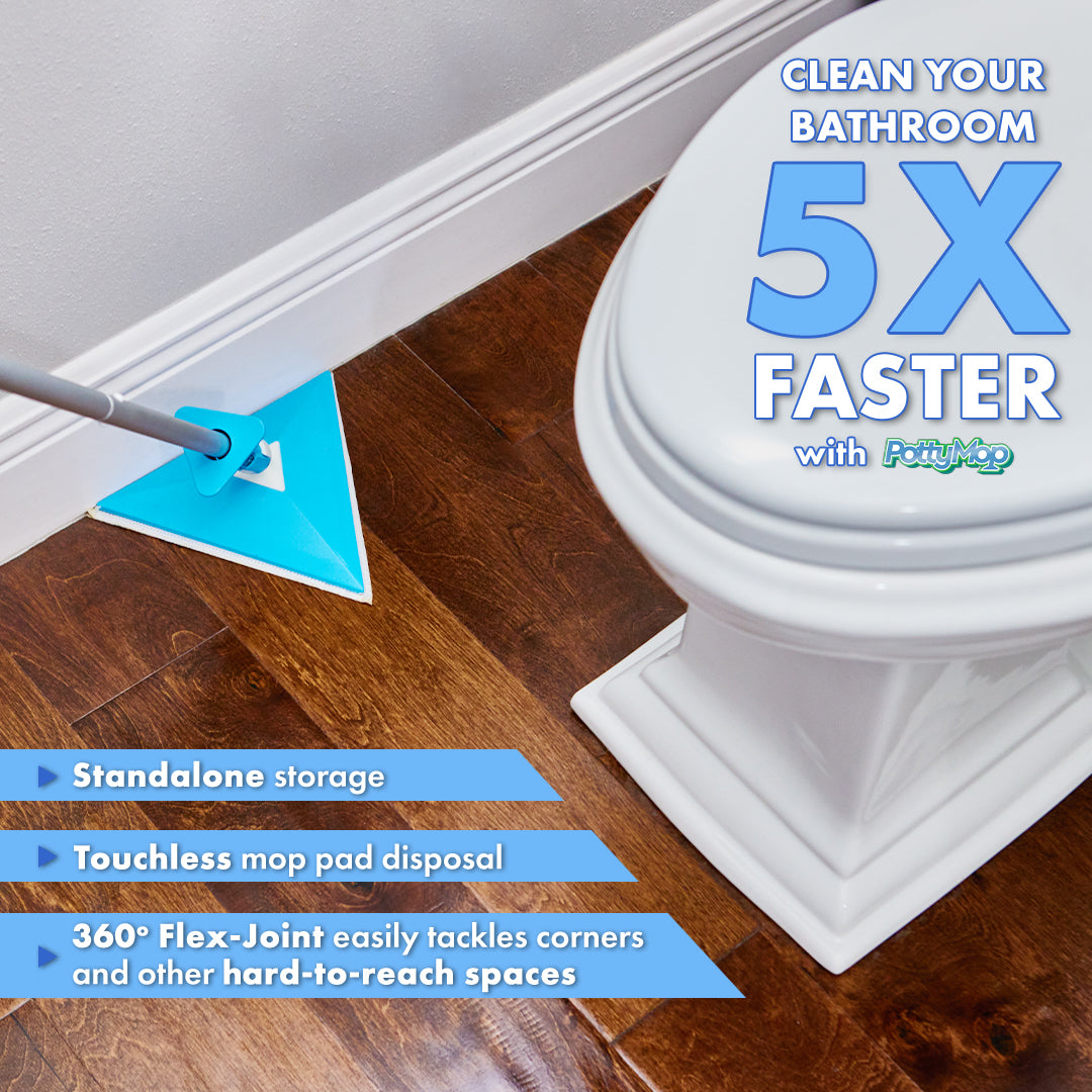 pottymop mini bathroom mop cleaning a dirty floor in a bathroom beside a toilet 5x faster than other mops